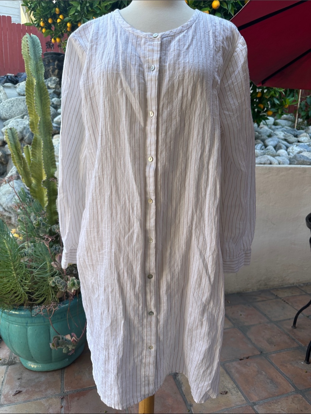 Eileen Fisher Light Pink Striped Button-Front Long Sleeve Dress Size XL